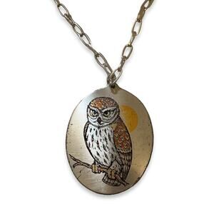 Signed Reed & Barton Damascene Owl Pendant Chain Necklace - Vintage -
